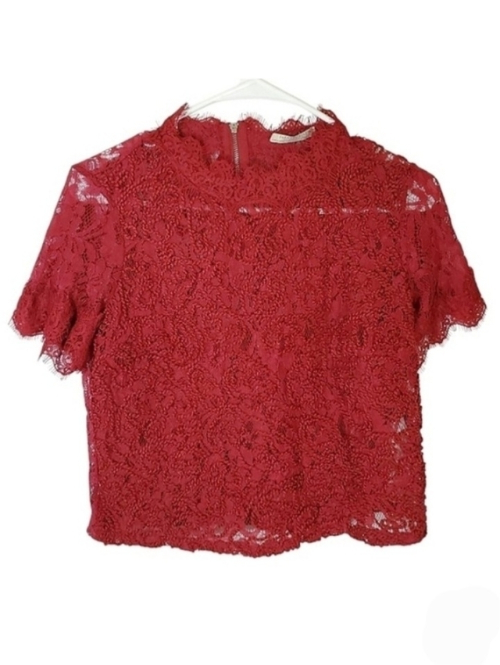 2276 * Zara Trafaluc Lace High Neck Crop Top Burgundy Brick Red Size S
